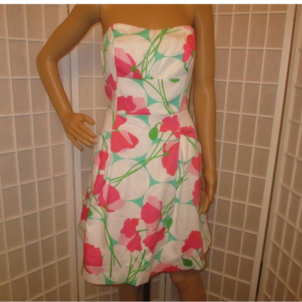 Lilly Pulitzer Strapless Dress with Pink and Green Floral Pattern